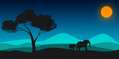 Fototapeta na wymiar Black silhouette of elephant and tree