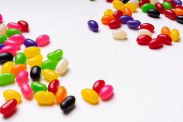 colorful jelly beans candies white background Top view