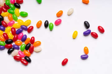 colorful jelly beans candies white background Top view