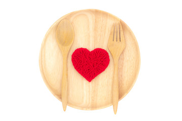 Read heart in around wood tray with spoon and fork, handmade knitting heart