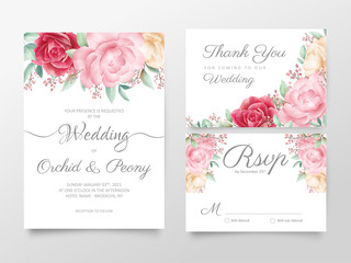 Elegant watercolor floral wedding invitation cards template set. Editable save the date, invite, thank you, rsvp cards vector design