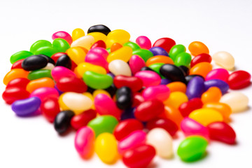 colorful jelly beans candies white background Top view