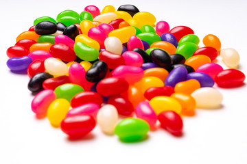 colorful jelly beans candies white background Top view