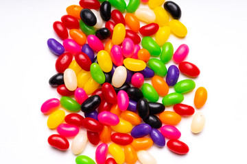 colorful jelly beans candies white background Top view