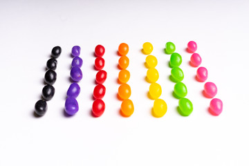 colorful jelly beans candies white background Top view