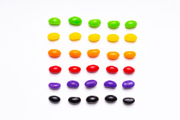 colorful jelly beans candies white background Top view