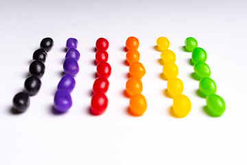 colorful jelly beans candies white background Top view