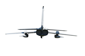 Fighter jet plane in flight, military aircraft, army airplane isolated on white background, bottom view