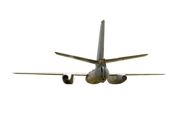 Fighter jet plane in flight, military aircraft, army airplane isolated on white background, bottom view