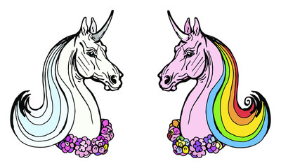 vector isolated image. two unicorn heads on white and colored background with rainbow mane and wreath on neck 