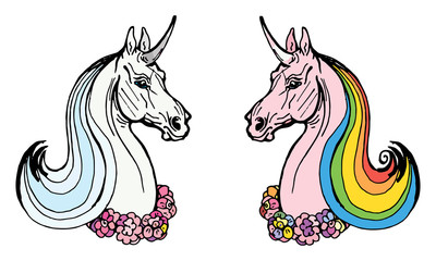  isolated image. two unicorn heads on white and colored background with rainbow mane and wreath on neck 