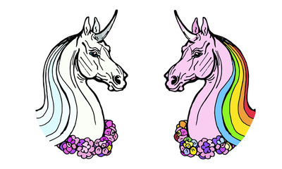 vector isolated image. two unicorn heads on white and colored background with rainbow mane and wreath on neck 
