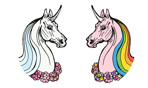  isolated image. two unicorn heads on white and colored background with rainbow mane and wreath on neck 