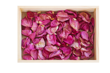 Dry rose petal in wood box