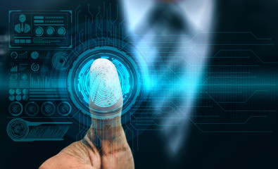 Fingerprint Biometric Digital Scan Technology. Graphic interface showing man finger with print...