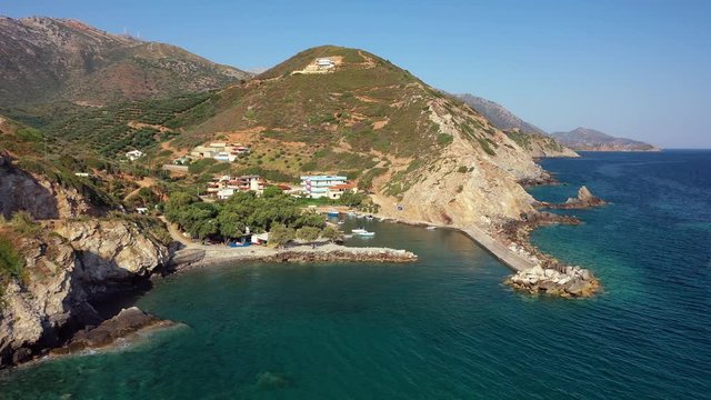 Aerial video of cretan village Almirida and Mediterannean sea. Crete, Greece