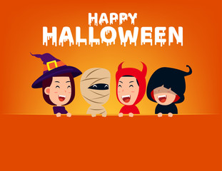Happy halloween party. Group of cute in halloween costume with signboard, Kid in Halloween celebration