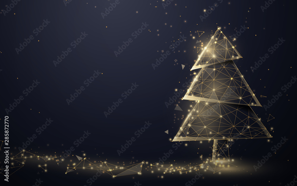 Poster gold christmas tree and sparkling lights garland from lines, triangles and particle style design. il