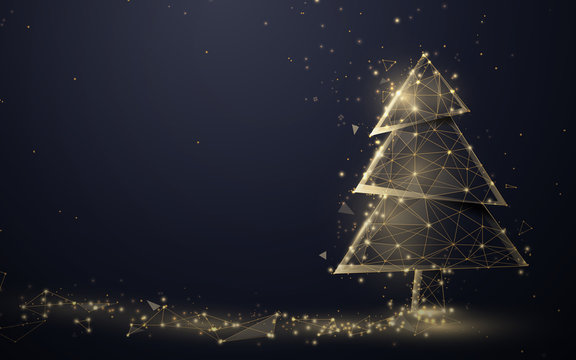 Gold Christmas Tree And Sparkling Lights Garland From Lines, Triangles And Particle Style Design. Illustration Vector