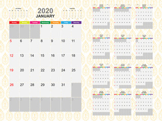 Calendar template for year 2020 collection. Template for planning and create to do list in year 2020. Vector EPS10