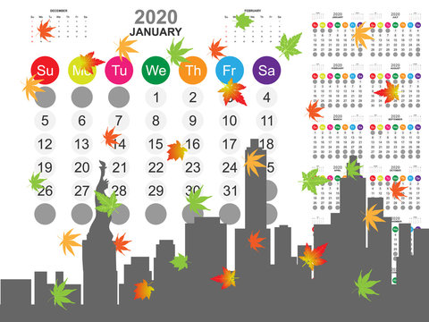 Calendar template for year 2020 with New York city background collection. Template for planning and create to do list in year 2020. Vector EPS10