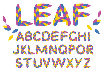 Color leaves stylized font. Bright alphabet. Vector modern flat the letters isolated on white background.