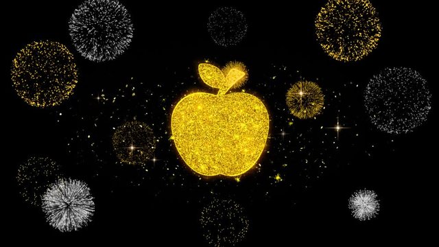 Apple Icon on Glitter Golden Particles Effect Firework. Object, Shape, Text, Design, Element, symbol 4K Animation.