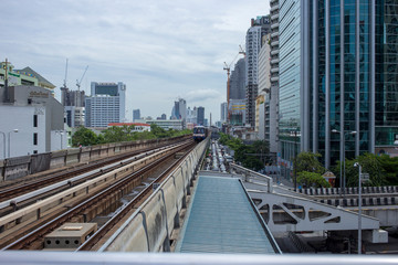 BTS Skytrain running in to the station in the morning.
