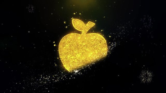 Apple Icon on Gold Glitter Particles Spark Exploding Fireworks Display . Object, Shape, Text, Design, Element, Symbol 4K Animation.