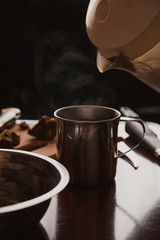 Set of metal utensils on table