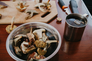 Sliced fresh mushrooms lie in metal plate