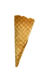 Empty waffle Cup for ice cream isolated on white background. Waffle cone on white background. Empty sugar waffle cones. 