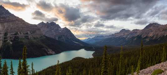 Canadian Rockies and Peyto Lake viewed from the top of a mountain during a vibrant summer sunset. Taken in Icefields Parkway, Banff National Park, Alberta, Canada.