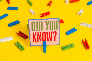 Word writing text Did You Know Question. Business photo showcasing when you are asking someone if they know fact or event Colored clothespin papers empty reminder yellow floor background office