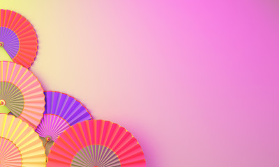 Colorful Chinese paper fan umbrella on purple pink gradient background. Design creative concept of chinese festival celebration gong xi fa cai. 3D rendering illustration.