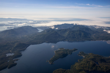 Aerial Landscape View of Kennedy Lake and Pacific Ocean Coast during a sunny summer morning. Taken...