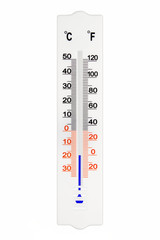 Meteorology thermometer isolated on white background. Air temperature minus 18 degrees celsius