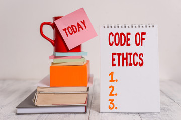 Word writing text Code Of Ethics. Business photo showcasing basic guide for professional conduct...