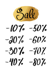 Set of sale, discount vector illustration. Sale lettering banner with hand drawn golden background. 