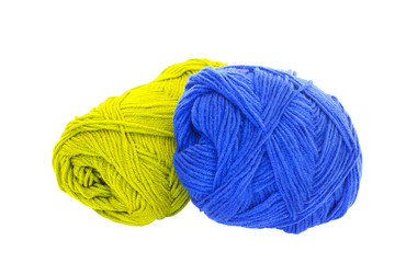 Blue and green yarn isolate on white background