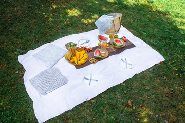a white blanket on the green grass. The concept of a picnic.