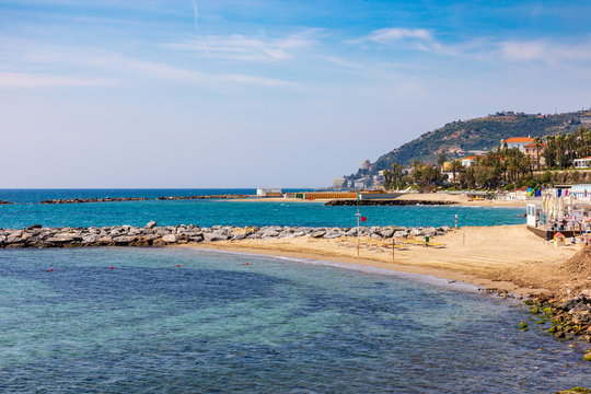 Sanremo beach at Mediterranean sea shore at morning