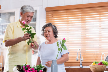 Asian Senior couple husband and wife flower arrangement to vase on table in kitchen at home in Valentine's Day.lovely senior couple concept