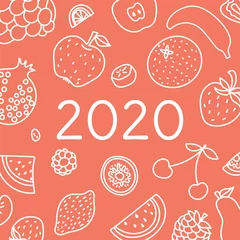 Poster 2020. Vector English wall calender cover template. Fruits, berries. Lemon, kiwi, banana, pear, cherry, strawberry, raspberry, watermelon, grapes, apple, pomegranate and mandarin. Hand drawn design © Ramziia