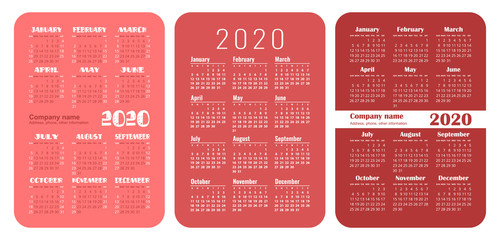 Pocket calendar 2020 year set. Vector design collection. Color English calender. Basic grid template for print. Week starts on Sunday