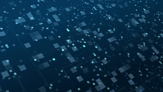 Animation video modern global social futuristic information server business and program. Abstract digital network computer map with glowing squares and particles on blue background. Web cyberspace.