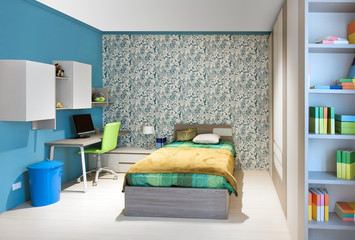 Neat teenagers bedroom with blue decor