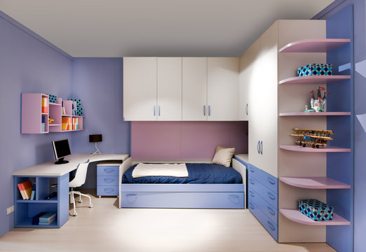 Stylish blue and purple teenagers bedroom interior
