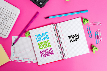 Writing note showing Employee Referral Program. Business concept for employees are rewarded for introducing recruits Writing equipments and computer stuff placed on wooden table