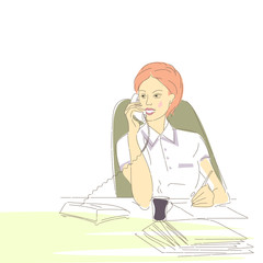 Young woman at workplace in office talking on corporate connection. Hand-drawn style vector illustration.